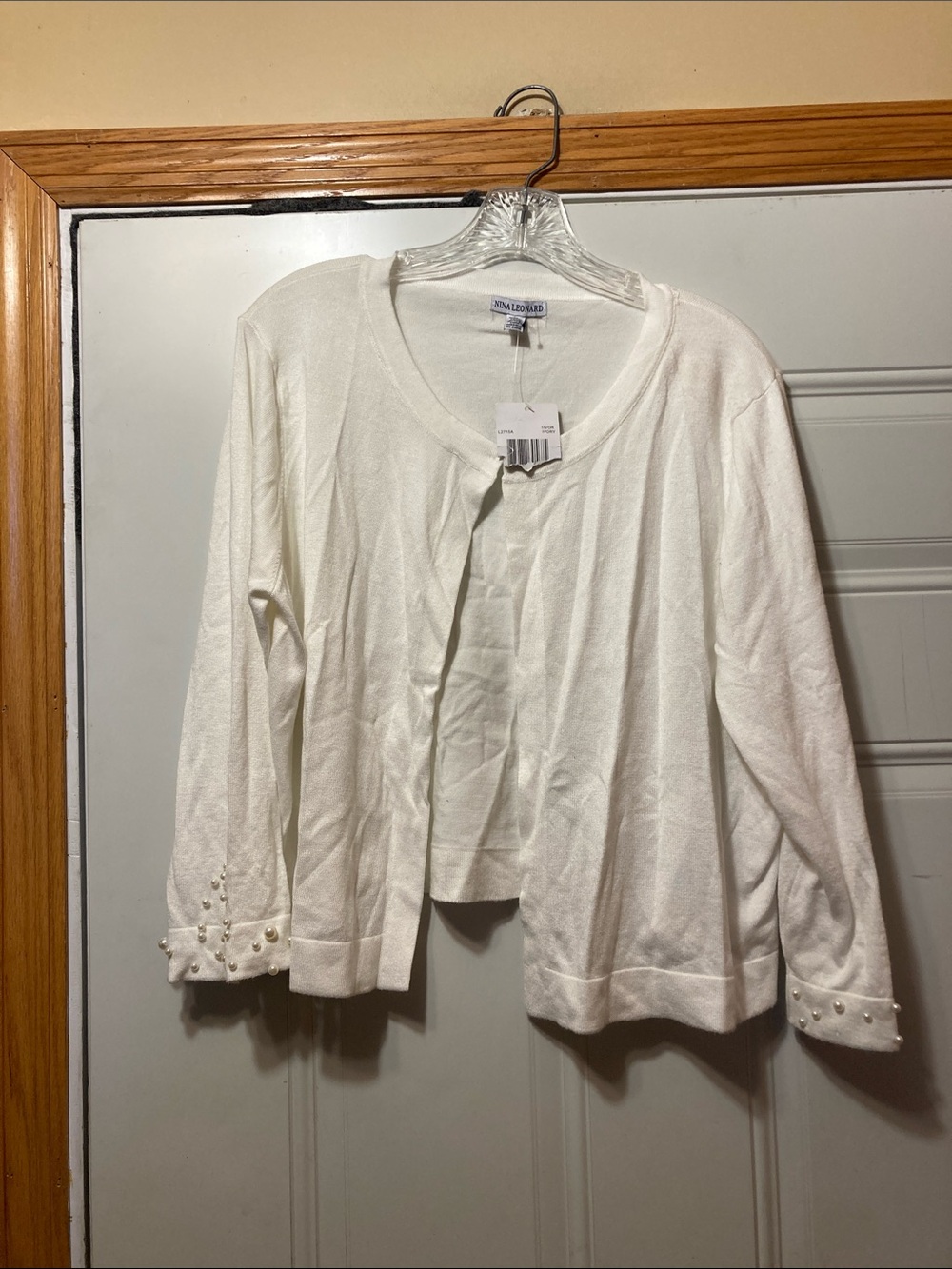 Nina‎ Leonard Cream Knit Open Cardigan with Pearl Accent XL BWT